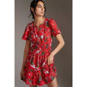 Anthropologie The Somerset Mini Dress in Red Floral Bird/Crane Print size XSP